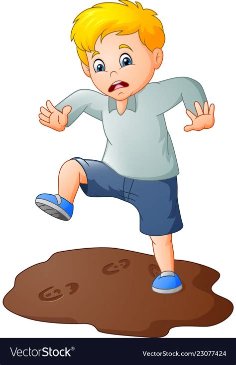 Cartoon sad boy with a mud puddle Royalty Free Vector Image