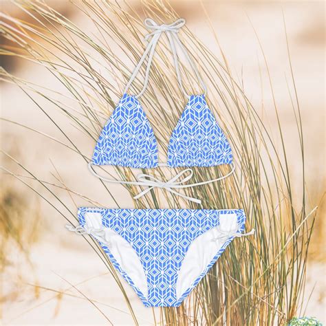 Blue And White Geometric Bikini Bathing Suit Set Light Blue Bikini Tricot Two Piece Preppy