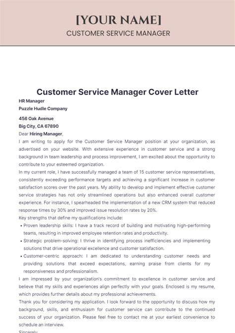 Free Customer Service Manager Cover Letter Template to Edit Online