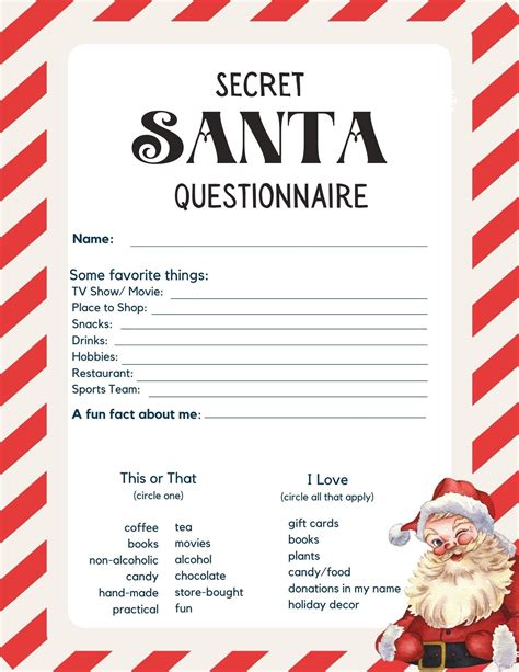 Secret Santa Questionnaire Printable Secret Santa Questions T