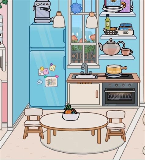 a cartoon kitchen with blue walls and white cabinets, including a table ...