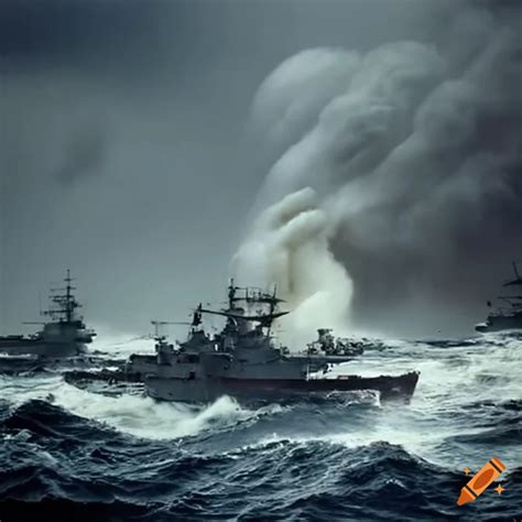 Strategic Warship In Naval Battle During A Storm On Craiyon