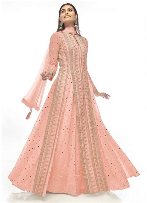 Peach Georgette Wedding Wear Mirror Work Anarkali Suit