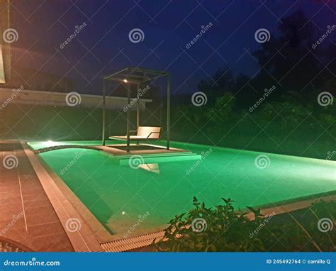 Pool At Night With Pure Blue Water Background. Top View Of Swimming ...