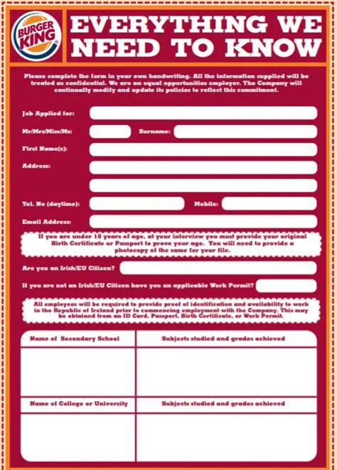 Printable Job Application Form For Burger King Printable Forms Free