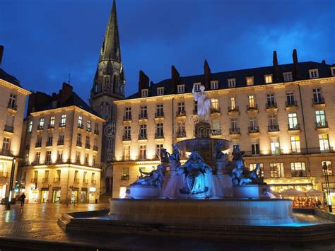 Nantes France Night View Of The Royale Square And The Fountain