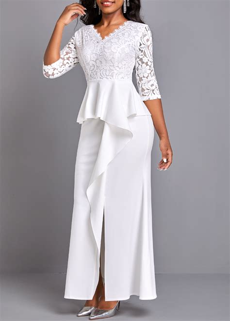 Lace Trim White Peplum Waist Maxi Dress Usd 36 98