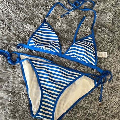 Juicy Couture Swim Jc Striped String Bikini M Blue White Soft Cup Triangle Top Nautical
