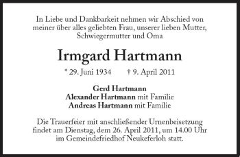 Traueranzeigen Von Irmgard Hartmann Sz Gedenken De