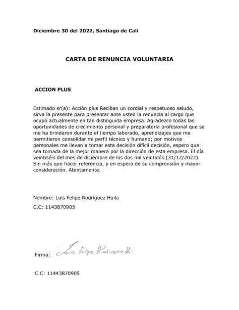 Carta De Renuncia Educativo Diciembre Del Santiago De Cali