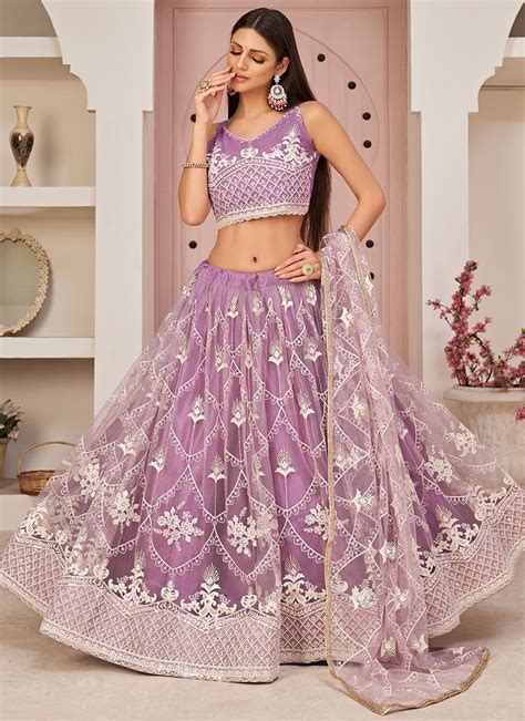 Shop Purple Mono Net Embroidered N Sequins Umbrella Lehenga Wedding