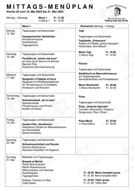 Speisekarte Von Gasthof R Ssli D Rrenast Thun Frutigenstrasse