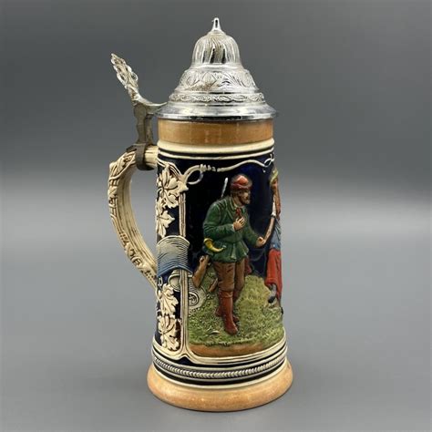 Кружка пивная с крышкой, "Охотник и лодочница", керамика, рельеф, олово ...