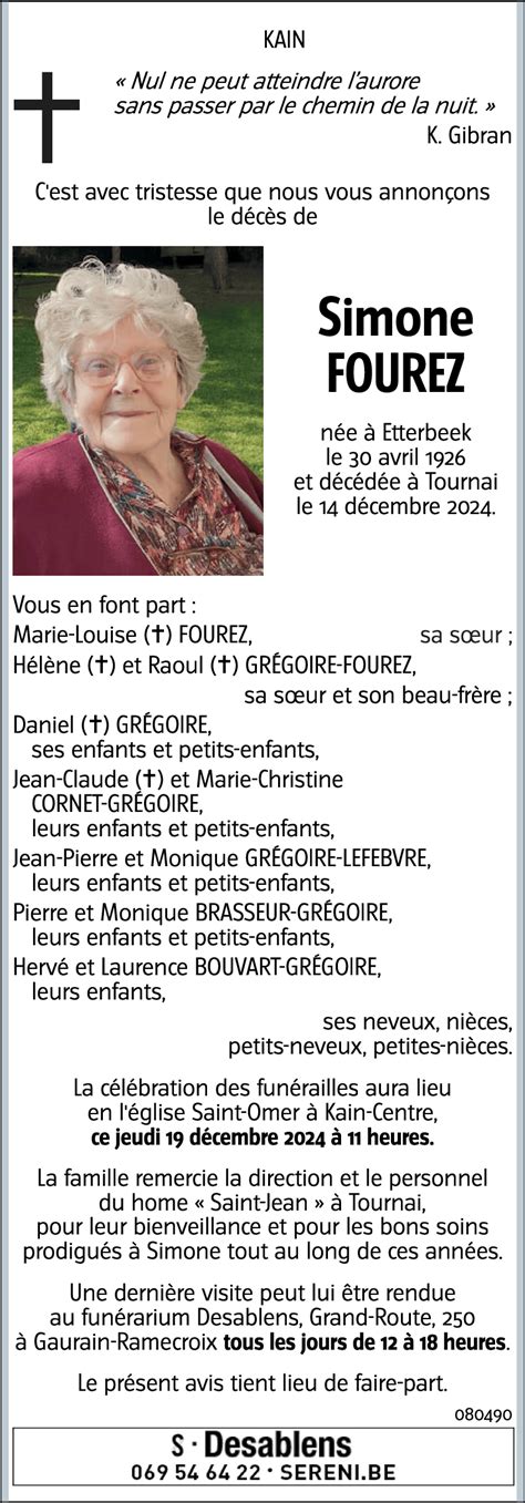 Avis De Décès De Simone Fourez Décédé Le 14 12 2024 à Tournai Annonce