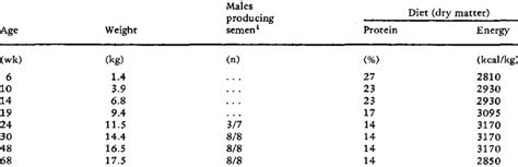 Body weight, semen production, and dietary levels of protein and energy