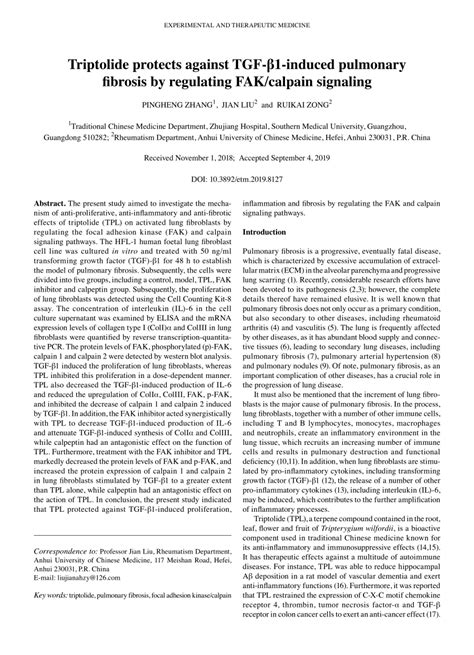 Pdf Triptolide Protects Against Tgf Induced Pulmonary Fibrosis By