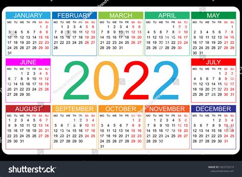 Calendar 2022 Yearly Week Starts On 库存矢量图（免版税）1922723219 Shutterstock