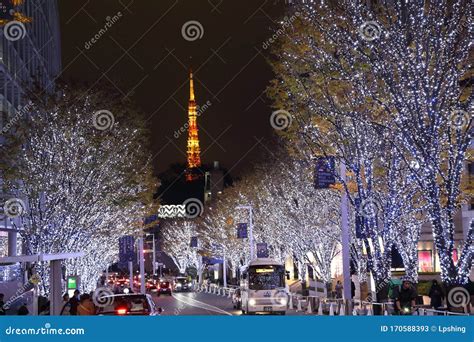 Night View Of Tokyo Tower With Christmas Lighting At Street At Night In