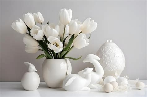 Premium Photo Easter Still Life With Eggs Spring Tulips Flowers In A