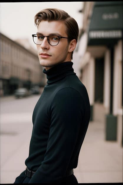 Fashion Portrait Photo Of Handsome Man From The 60s Wearing A Turtleneck And Glasses Premium