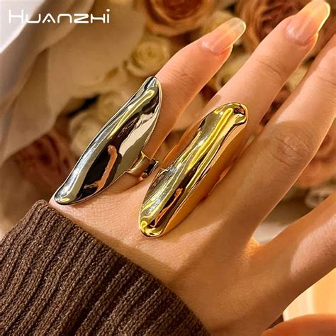 HUANZHI Exaggerated Long Arc Chunky Rings For Women Girls Metal Armor