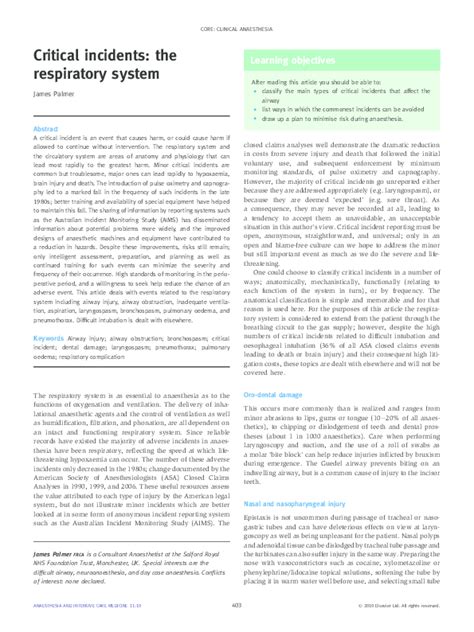 Pdf Managing Critical Incidents In The Respiratory System