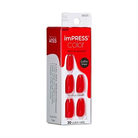 Kiss Impress Color Long Lasting Medium Coffin Press On Nails Solid Red 30 Pieces