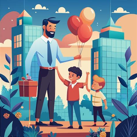 A Poster Of A Father And Son With Balloons And A Boy Holding A Basket