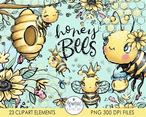 Bees Clipart Watercolor Cute Bees Clipart Honey Bees Etsy