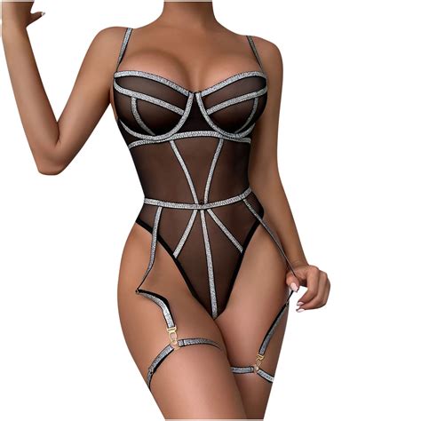 Oalirro Women S Lingerie Set With Garter Belt Metallic Feeling Bodysuit