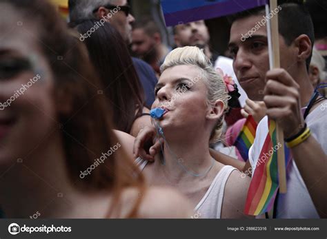 Participants Carry Rainbow Flag March Gay Pride Parade Thessaloniki Greece Stock Editorial