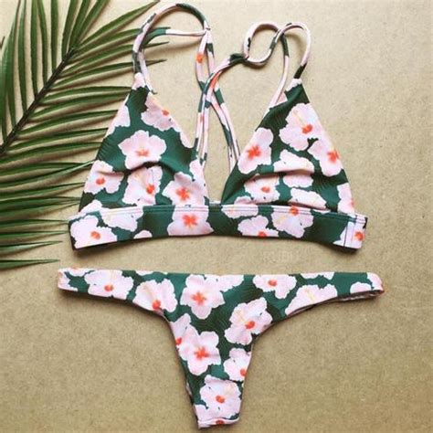 Green Two Piece Bikini Triangle Top And Bottom With Floral Print On Luulla