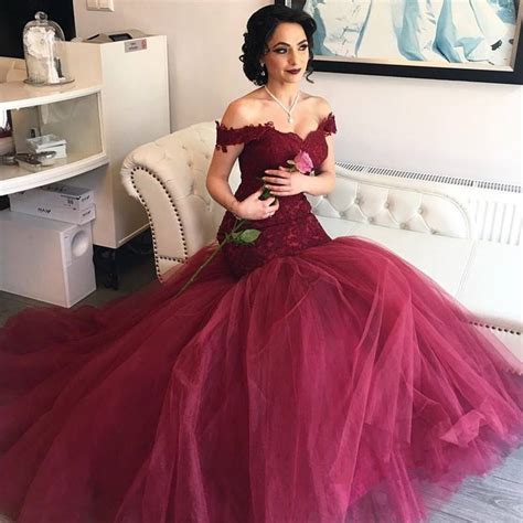 Burgundy Tulle Prom Dresses，mermaid Lace Prom Dress，off The Shoulder