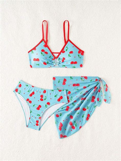 Teen Girls Cherry Print Bikini Set With Beach Skirt Summer Beach SHEIN EUR