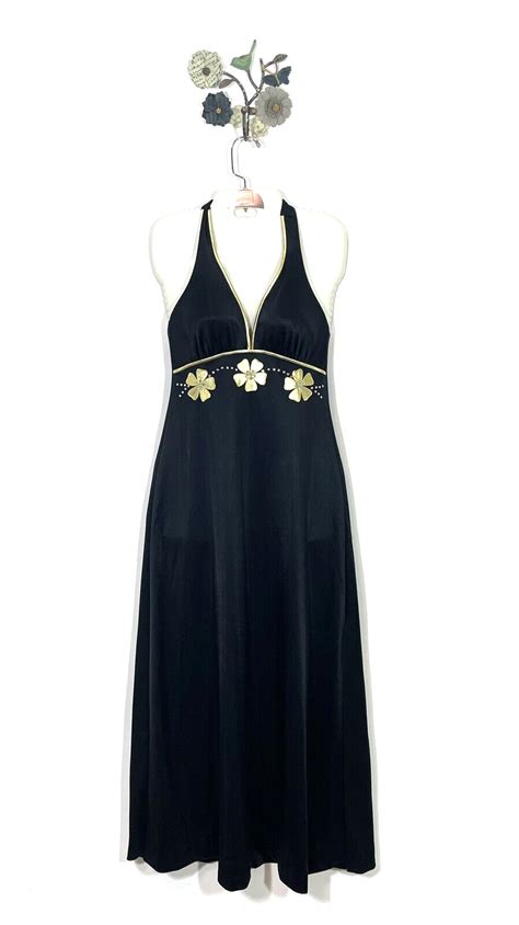 Vintage 70s De Weese Swim Dress Halter Mod Maxi Black Gem