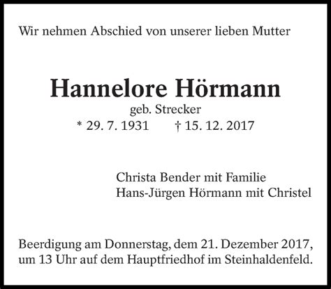 Traueranzeigen von Hannelore Hörmann zeit des gedenkens de