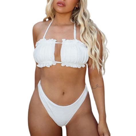 Zaful Womens High Cut Bandeau Bikini Sexy Cutout Ribbed Swimsuit Piece Ruffle Tie Bathing