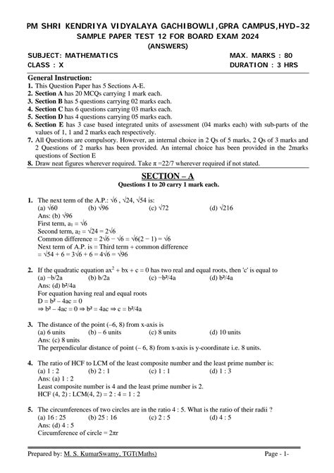 Solution Maths Class X Sample Paper Test 12 For Board Exam 2024