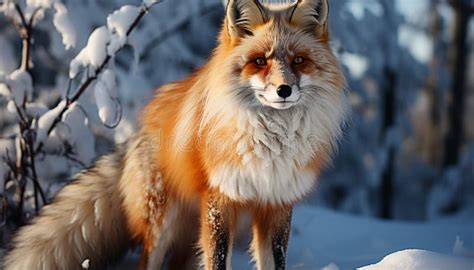 Cute Red Fox Sitting In Snow Looking At Tree Generated By AI Stock