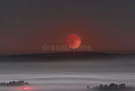 Crimson Secrets Mysterious Landscape Beneath The Blood Moon And Fog