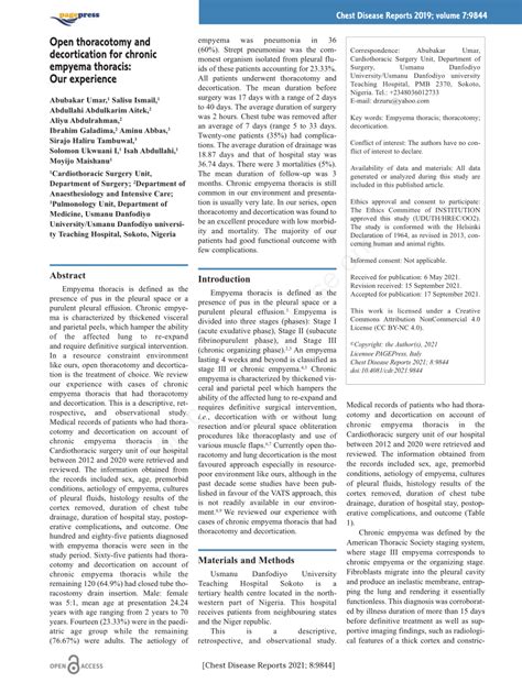 Pdf Open Thoracotomy And Decortication For Chronic Empyema Thoracis