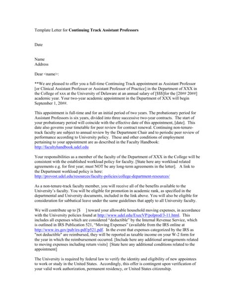 Template Letter For Continuing Non Tenure Track Assistant Professors