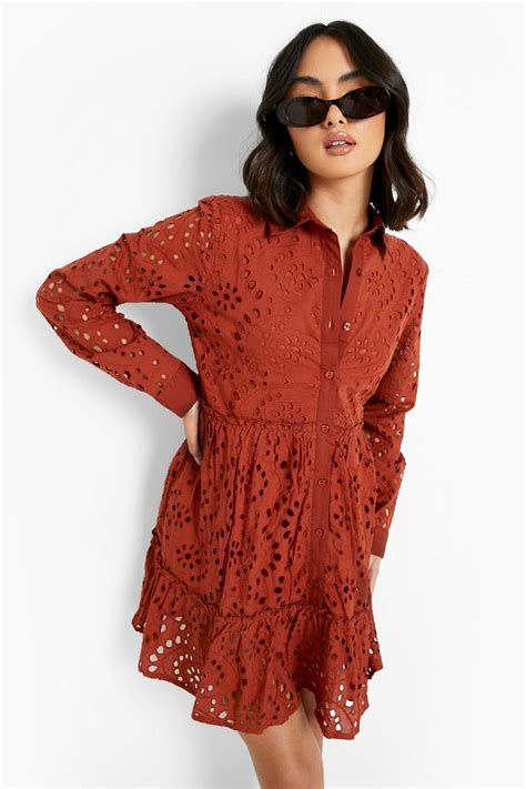 Womens Broderie Tiered Shirt Dress Boohoo Uk