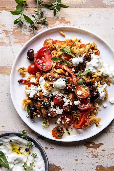 One Skillet Greek Chicken And Orzo With Tomatoes Feta And Tzatziki