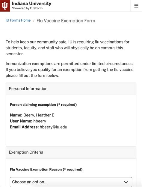 Flu Vaccine Exemption Form All IU Campuses One IU