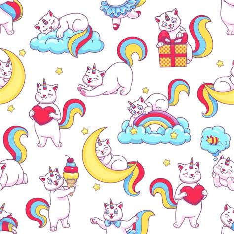 Sch Ne Lustige Cartoon Caticorn Nahtloses Muster Von Katzen Einhorn Und