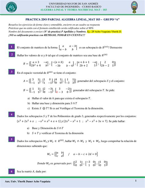 Práctica 2DO Parcial MAT 103 G A II 2023 1 Aux Univ Yherik Daner