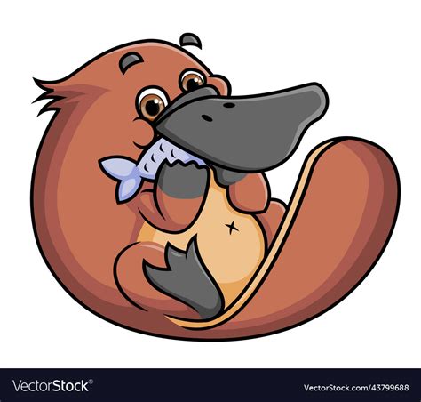 Cute Platypus Is Eating A Fish While Sitting Vector Image