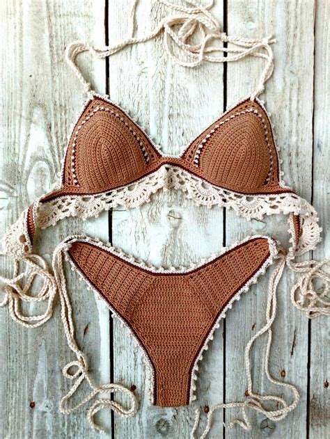 High Hip Crochet Bikini Scalloped Tan Bronze Lace Edging Etsy