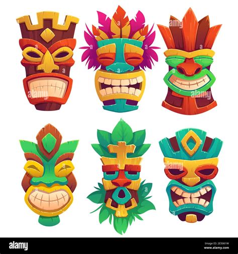 Tiki Masks Tribal Wooden Totems Hawaiian Or Polynesian Style